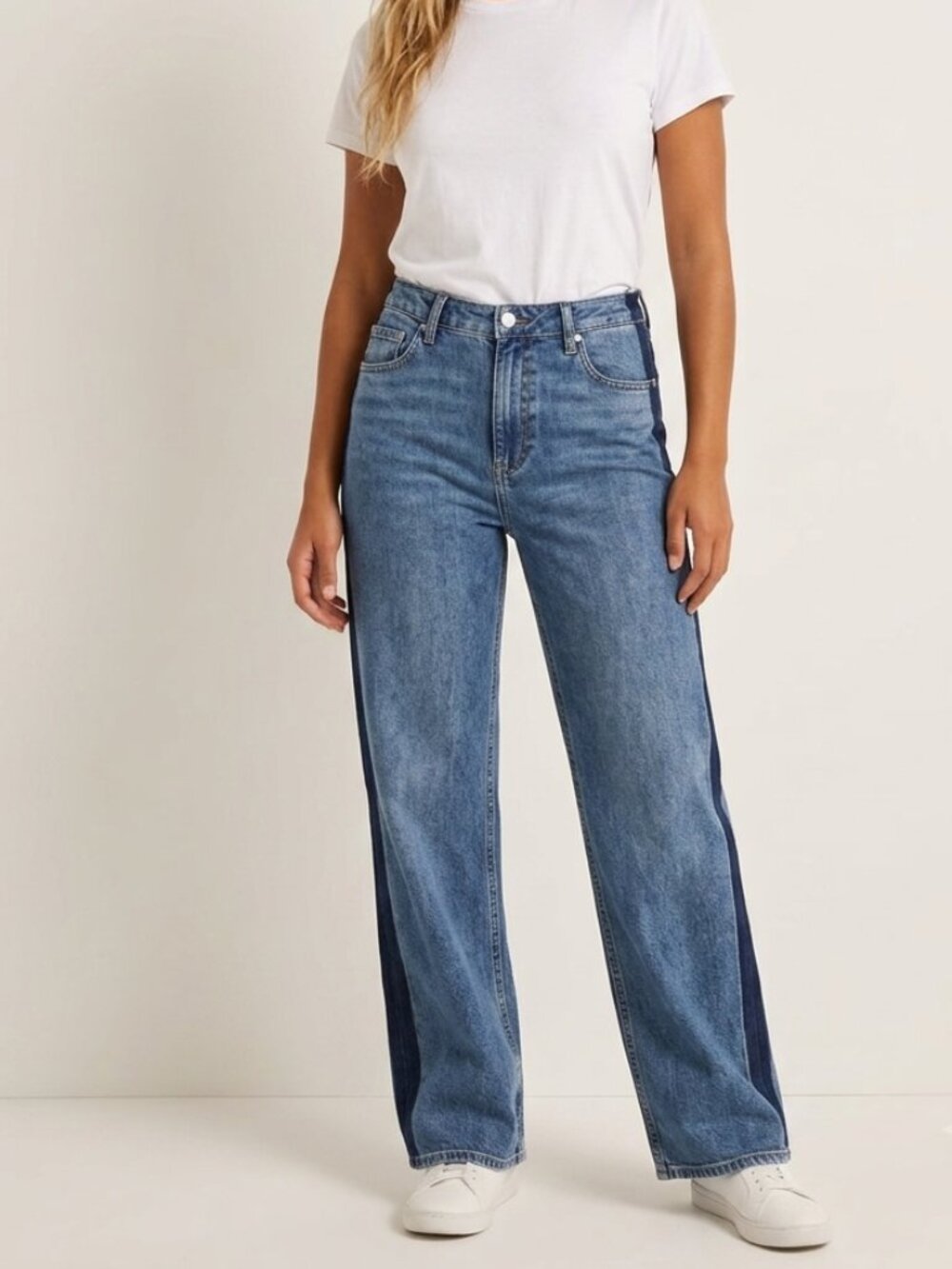 Oat New York Cloud Luxe Denim Two-Tone Side Stripe Wide Leg Jeans 8778
